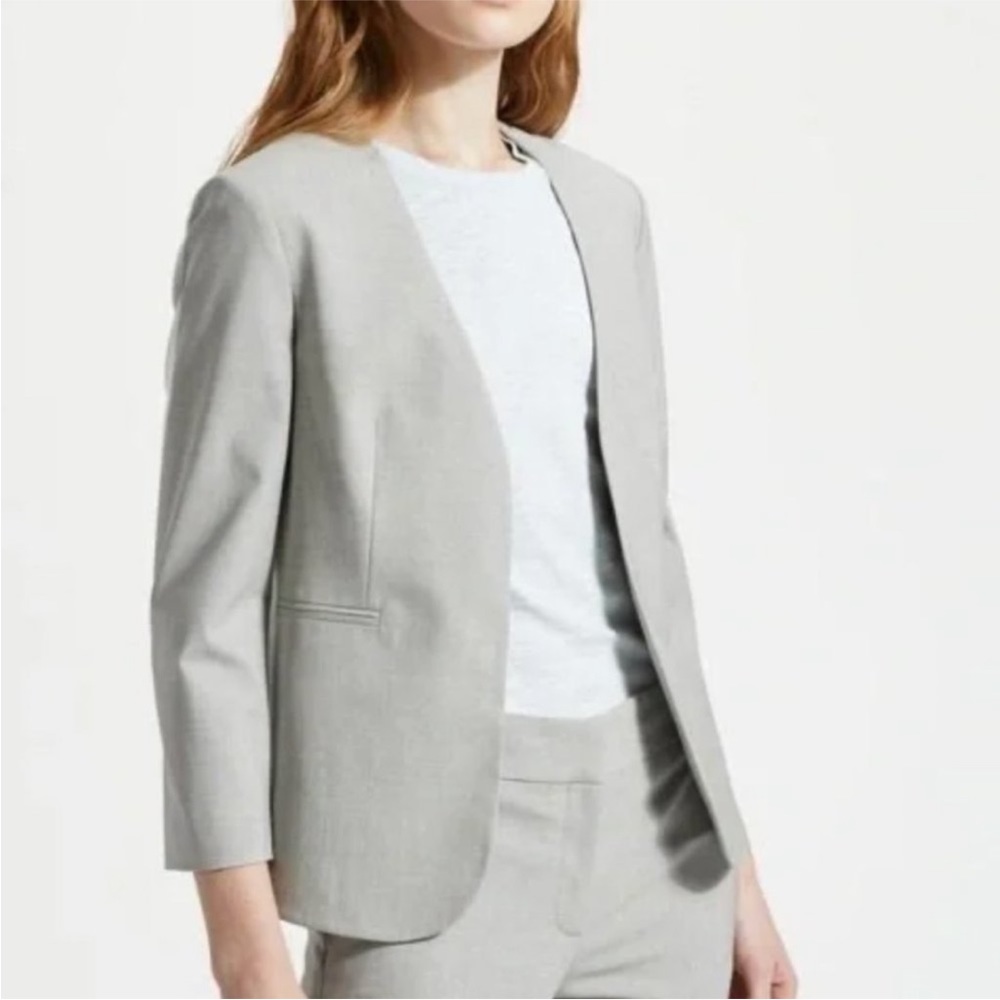 Theory LINDRAYIA OPEN-FRONT WOOL SUITING JACKET IN LIGHT GREY MELANGE Size 2